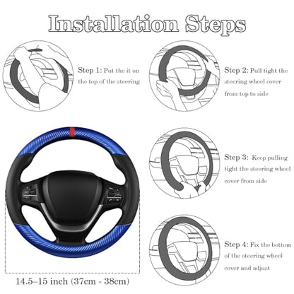 Black & Blue Carbon Fiber Leather Steering Wheel Cover, Microfiber Leather, Anti-Slip, Breathable, Universal Fit for 14.5–15 in Steering Wheel Cover for Men Women - color: Splicing Carbon Fiber - Black and Blue