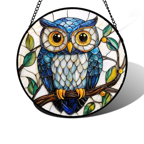 DASTOLL Stained Glass Window Hanging, Owl Gifts for Women Sun Catchers Diamond Glass Panel Hangings Birds Suncatcher Decor for Birthday for Women, Men, Wife, Aunt, and Mom 9.8 in - color: Blue, size: 9.8x9.8 IN