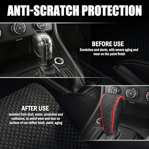 Leather Car Gear Shift Cover with Diamond Design,Stylish Gear Shift Knob Cover for Anti-Scratch Protection & Decoration,Universal Gears Shifter Covers Car Accessories for Men (Red)