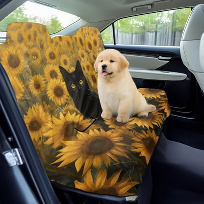 Cat Sunflower Print Waterproof Back Seat Cover, Rear Bench Seat Cover Universal Fit for Cars Sedans SUVs Vans Truck Automotive Interior Backseat Car Covers - color: Cat Sunflower