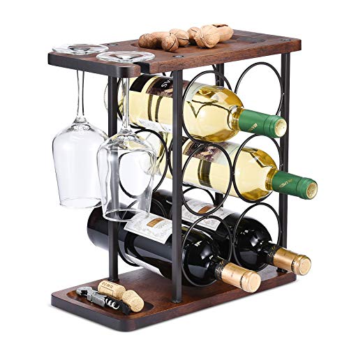 Wine Rack with Glass Holder, Countertop Wine Rack, Wooden Wine Holder with Tray, Perfect for Home Decor & Kitchen Storage Rack etc (Hold 6 Bottles and 2 Glasses) - color: Dark Brown