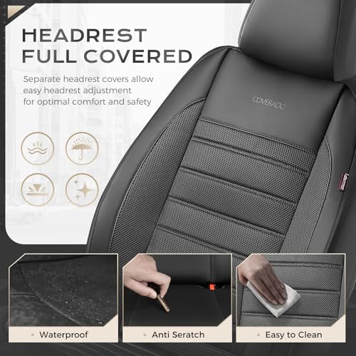 Coverado Car Seat Covers Front Seats Luxury Leather Automotive Mesh 2 Pack Airbag-Compatible Universal Fit Seat Protector Seat Cushion for SUV Sedan Truck Black