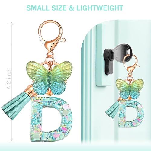 JINGUAZI Initial letter Keychains for Women Tassel Butterfly Pink Purple Cute Car Keychain for Wallet Backpack bag charm - color: D-green