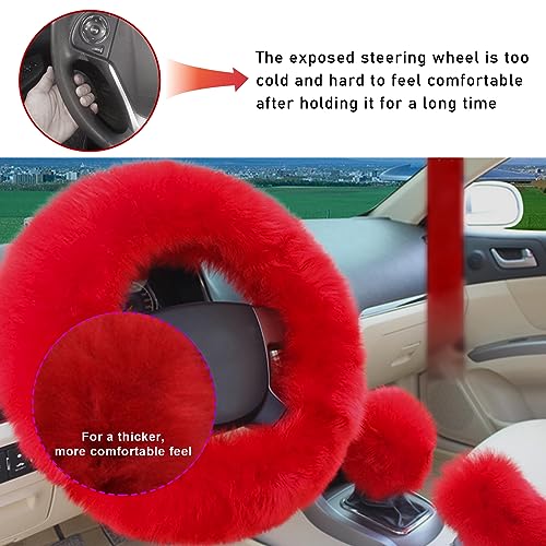3PCS Wool Steering Wheel Cover with Fuzzy Handbrake Cover & Gear Shift Cover, Universal 15 Inch Steering Wheel Fluffy Soft Protector, Comforting Warm Car Decoration for Women Men (Red) - style: Red
