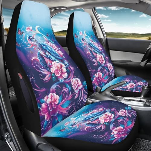 2 Piece Front Car Seat Cover, Sea Turtle Flower Printed Car Seat Covers for Front Seats Waterproof, Airbag Compatible, Universal Fit for SUV - color: Blue and Pink - Sea Turtle Flower