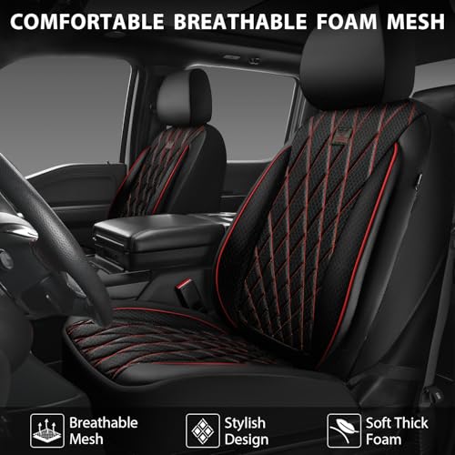 CAR PASS Thick Foam 3D Air Mesh Leather Car Seat Covers Front Seats Only, Breathable Premuim Leather Two Front Seat Cover, Airbag Compatible Universal Fit for 95% Sedan Van Truck SUV,Black and Red - color: Black and Red Air Mesh, size: Two Front