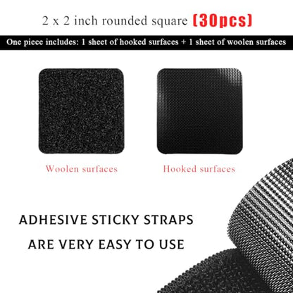30 PCS Hook and Loop Strips with Adhesive, 2"×2" Car Mats Self-Adhesive Tape Strip, Multi-Purpose Non-Slip Double Sided Snap Fastening Tape, Fixing Tape for Sofa Carpet - color: 30 PCS