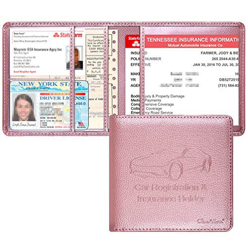 Car Insurance and Registration Holder, 5.5 x 5 Inch PU Leather Vehicle Glove Box Organizer Wallet Case for Insurance Card, Driver License, Paperwork - Rose Gold - color: RoseGold