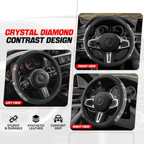 Auto Dynasty Diamond Steering Wheel Cover, Leather Car Steering Wheel Protector with Cystal Diamond Contrast Design, Anti-Slip Inner Rubber Lining, [14 1/2 to 15 Inches] Universal Fit Car Truck SUV - color: Contrast Diamond