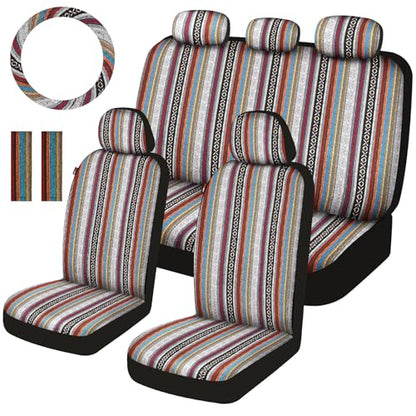 Baja Saddle Blanket Car Seat Covers Full Set with Seat Belt Pads and Steering Wheel Cover, Washable Breathable Striped Woven Cloth Seat Covers for Cars, SUV, Truck, Large Size(Red) - color: Red, size: Full Set