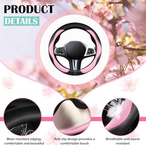 Car Steering Wheel Cover 2025, Universal Auto PU Cute Breathable Slip-Proof Comfort Imitation Leather Protector Cars Interior Accessories for Women Men Fit Most Vehicle (Pink)