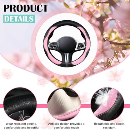 Car Steering Wheel Cover 2025, Universal Auto PU Cute Breathable Slip-Proof Comfort Imitation Leather Protector Cars Interior Accessories for Women Men Fit Most Vehicle (Pink)