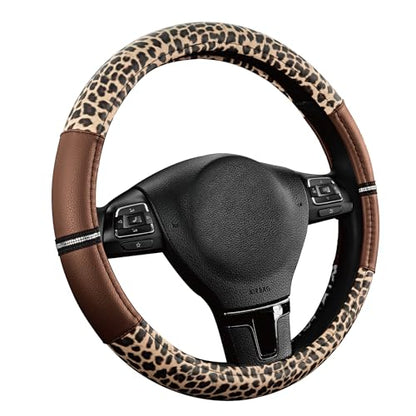 Road Comforts Leopard Steering Wheel Cover for Women, Cute Anti-Slip Microfiber Leather, Universal Fit 14.5-15 Inch Round Steering Wheel - Brown