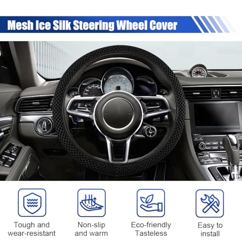 Elastic Stretch Steering Wheel Cover, 15" Breathable Microfiber Ice Silk Steering Wheel Protector, Universal Anti-Slip Car Warm in Winter&Cool in Summer Accessories for Men Women (Black) - color: Black