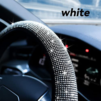 Bling Rhinestone Steering Wheel Cover with Crystal Diamond for Women, Sparkling Car Wheel Protector Universal Fit 14-15 inches - White