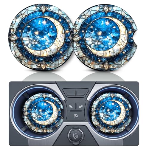2PCS Stained Glass Moon Car Cup Holder Coasters, Cars Coasters for Cup Holders, 2.75" Universal Anti Slip Rubber Mat with Finger Slot, Crescent Moons Car Accessories Interior Decor, Moon Gift - color: Moon & Lunar Phase