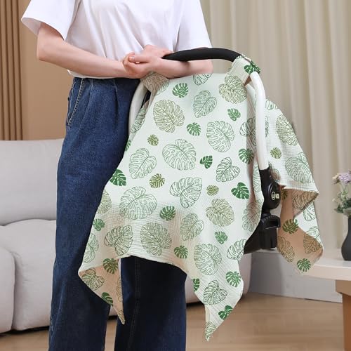 100% Muslin Cotton Car Seat Cover Baby, Carseat Canopy Cover, Universal Fit Stroller Covers for Boys and Girls (Monstera Green) - color: monstera green