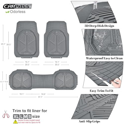 CAR PASS Heavy Duty Rubber Car Mats, Deepdish All Weather Floor Mats for Car Full Set, Universal Automotive Mats Trim to Fit for Sedans SUVs Trucks, Waterproof Anti-Slip Deep Tray 3 Pieces Dark Gray - color: Gray