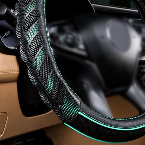 Flying Banner car Steering Wheel Cover Faux Leather Massage Universal fit 3D Honeycomb Hole Anti-Slip Sporty 15 Inches (Mint Green Black) - color: Mint green black