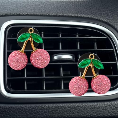 Craedli 2PCS Bling Cherry Car Dashboard Air Vent Trim Clips, Crystal Rhinestone Car Air Vent Outlet Clip, Universal Cute Automotive Interior Decoration Charm Accessories for Women (Pink) - color: Pink