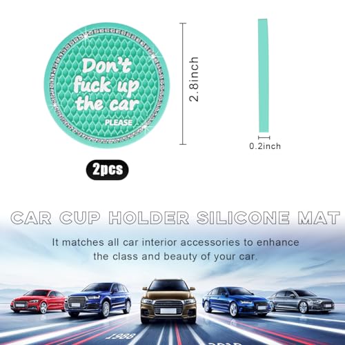 Bling Car Cup Coaster, 2.75 Inch Non-Slip Don't Fuck Up My Car Please Cup Holder Insert Coaster, Crystal Rhinestone Auto Drink Cup Mat, Universal Car Accessories (Green-4PCS)