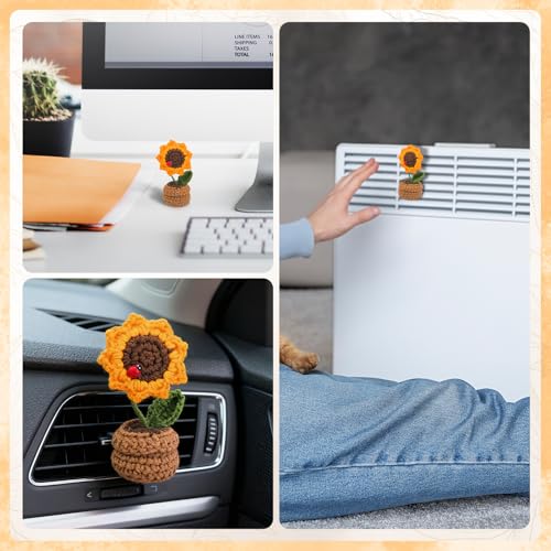 Crochet Sunflower Car Vent Clip, Cute Handmade Knitted Flowers Potted Cars Vent Clips, Automotive Interior Decoration for Women Girl (Sunflower, Yellow)