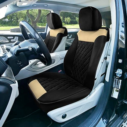 FH Group Deluxe Faux Leather Diamond Pattern Front Set Car Seat Cushions with Gift - Universal Fit for Cars, Trucks, & SUVs PU089102 (Beige) - color: Beige / Black