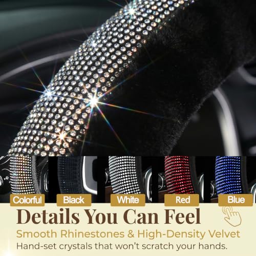 Bling Fluffy Steering Wheel Cover for Women Girls, Rhinestone Diamond Sparkling Fur Steering Wheel Protector Elastic Steering Wheel Covers Winter Warm Universal Fit 14-15 inches -Black - color: Black02