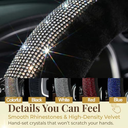 Bling Fluffy Steering Wheel Cover for Women Girls, Rhinestone Diamond Sparkling Fur Steering Wheel Protector Elastic Steering Wheel Covers Winter Warm Universal Fit 14-15 inches -Black - color: Black02