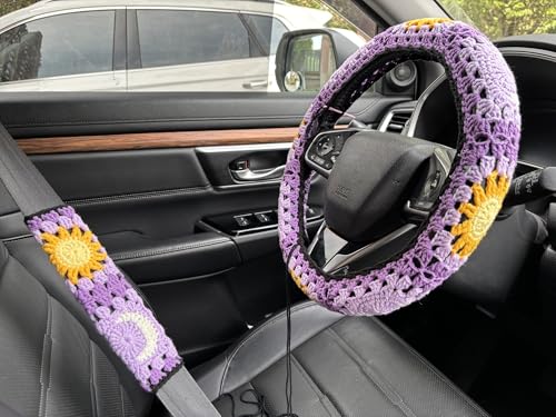 Handmade Crochet Sun Moon Car Steering Wheel Covers Universal 14-15 inch,Cute Steering Wheel Cover,Car Accessories (B:Wheel Cover+2 Belt Cover) - color: B:Wheel Cover+2 Belt Cover