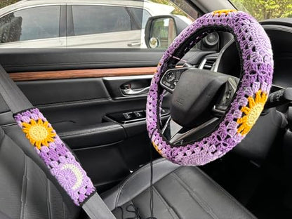Handmade Crochet Sun Moon Car Steering Wheel Covers Universal 14-15 inch,Cute Steering Wheel Cover,Car Accessories (B:Wheel Cover+2 Belt Cover) - color: B:Wheel Cover+2 Belt Cover