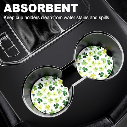 2 Pack Car Cup Holder Coaster, 2.63 inch Anti Slip Insert Absorbent Ceramic Car Coaster with Cork Base and Finger Notch, Cute Car Accessories Interior for Women, Cute Car Coasters., Clover