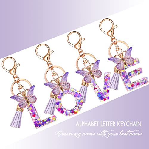 JINGUAZI Initial letter Keychains for Women Tassel Butterfly Pink Purple Cute Car Keychain for Wallet Backpack bag charm - color: C-purple