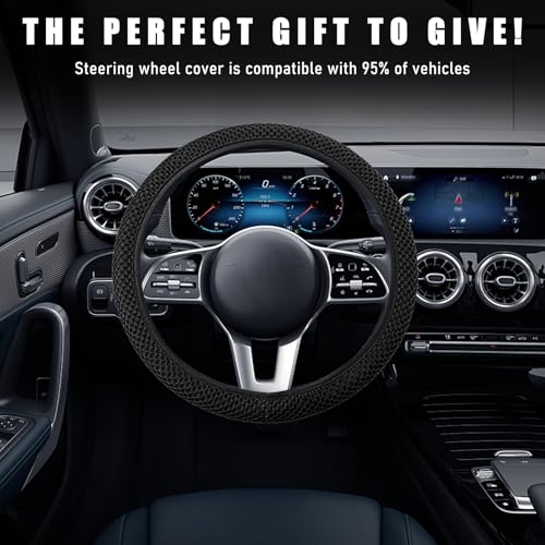 Wevdn Elastic Stretch Steering Wheel Cover, 15"×15" Microfiber Breathable Ice Silk Steering Wheel Protector, Anti-Slip Elastic Steering Wheel Cover for Men Women, Car Accessories (Black) - color: Black