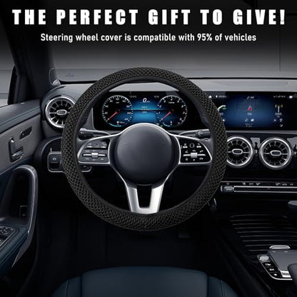 Wevdn Elastic Stretch Steering Wheel Cover, 15"×15" Microfiber Breathable Ice Silk Steering Wheel Protector, Anti-Slip Elastic Steering Wheel Cover for Men Women, Car Accessories (Black) - color: Black