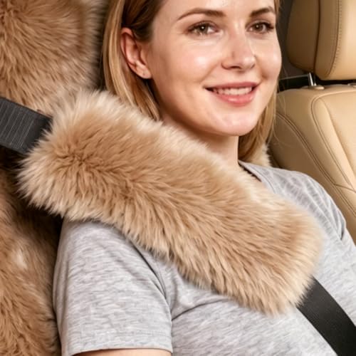 OGLAND Fuzzy Sheepskin Seat Belt Cover, Fluffy Seatbelt Pad for Adults Women Shoulder Pad Universal Car Accessories 2 Pack (Light Brown) - color: Light Brown, size: Long Wool