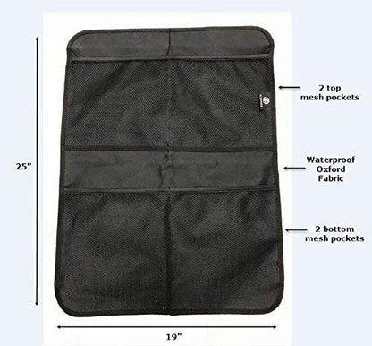 Premium Car Kick Mat and Organizer (2-Pack) – BOGO Waterproof Protection – Mesh Storage – Universal Fit – Protects and Stores Tablets, Toys, and Phones