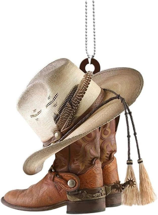 Car Rear View Mirror Pendant, Personalized Cowboy Boots and Hats Flat Acrylic Car Hanging Ornament Charm Auto Interior Rearview Decor Automotive Interior Mirrors Interior