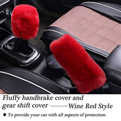 WenMei 4PCS Set Fluffy Steering Wheel Covers with Handbrake Cover&Gear Shift Cover&Plush Keychain Furry Steering Wheel Cover for Women Girl Fashion Warm Car Wheel Protector Fit Most Car (Wine Red) - color: Wine Red