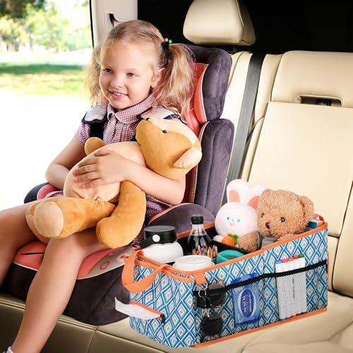 HEYSKAY Car Seat Organizer with Cup Holders, Automotive Seat Back Organizer and Storage with Adjustable Dividers, Book & Toy Organizer for Car and Office - color: Blue Diamond