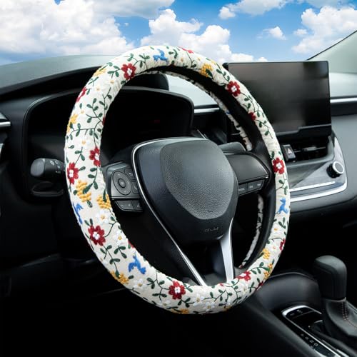Embroidered Red Flower and Cute Daisy Steering Wheel Cover Auto Anti-Slip Breathable Rubber Steering Wheel Protector,Floral Car Accessories for Women,Universal Size Fit Most Cars -15 inch - color: Red Yellow Flower
