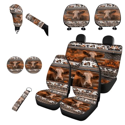 Horeset Car Seat Cover Full Set of 11pcs with Headrest Protector Lanyards Key Chain Cup Pad Gear Shift Knob and Handbrake Sleeve Automotive Seat Cover Accessories Aztec Highland Cow - color: Aztec Highland Cow