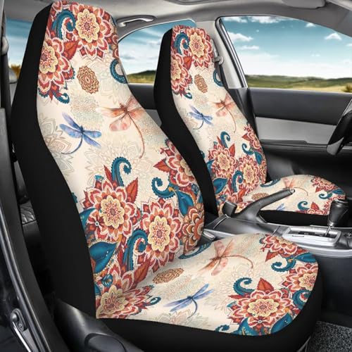 Bohemian Dragonfly Car Front Seat Cover for Men 2 Pieces Set Lightweight Highly Elastic Automotive Seat Cover Anti Slip Towel Blanket for Trucks Sedans Van(Red) - color: Bohemian Dragonfly Red