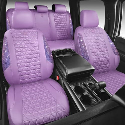 CAR PASS Light Purple Bling Diamond Leather Car Seat Covers Full Sets, Waterproof Shining Glitter Sparkly Crystal Universal Armrest Fit for Automotive Truck SUV Cute Women Girl,Lavender Rhinestone - color: Purple Rhinestone Lavender, size: Full Set