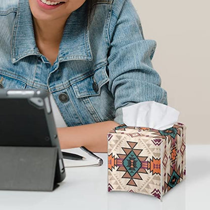 ZFRXIGN Southwestern Tissue Box Cover PU Leather Square Tissue Box Holder Home Decorative Tissue Dispenser for Bathroom Vanity Countertop, Night Stands, Office Desk & Car Boho Western Aztec