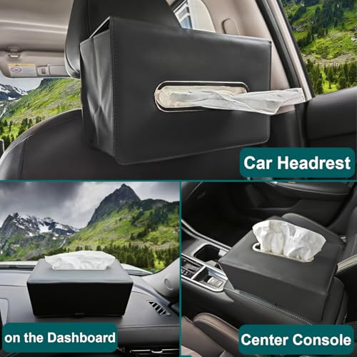 PU Leather Rectangle Tissue Box Cover for Car & Home Use,Car Tissue Box Holder for 110-144T Medium Size Tissues Fits for Kleenex for Headrest in Car Auto-Detachable Elastic Band - Black