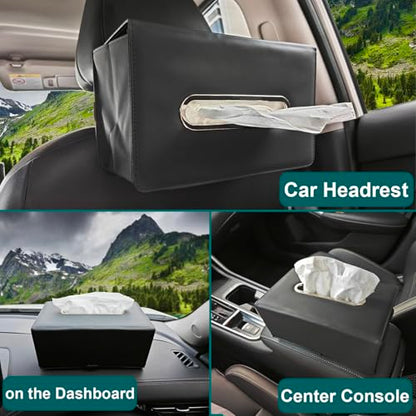PU Leather Rectangle Tissue Box Cover for Car & Home Use,Car Tissue Box Holder for 110-144T Medium Size Tissues Fits for Kleenex for Headrest in Car Auto-Detachable Elastic Band - Black