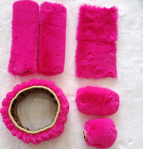 6pcs in 1 Set Soft Fluffy Car Steering Wheel Cover Faux Wool Auto Center Armrest Cove & Gear Shift Cover & Handbrake Cover & 2pcs Seat Belt Shoulder Pads Warm Winter Universal Fit for 15 Inch - color: Rose red