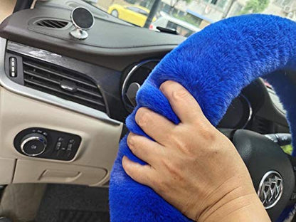 Winter Warm Fluffy Furry Fuzzy Car Steering Wheel Cover,Universal Fit Thickening Faux Rabbit Fur Plush Steering Covers+Gear Shift Cover and+Brake cover-3pcs Set (Blue) - color: blue