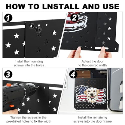 18" Adjustable RV Screen Door Protector for Dogs, Aluminum RV Screen Door Guard Grille, Fits 22"-31.5" Wide Camper Entry Doors Pet Scratch Shield Barrier with USA Flag Dog Head and Star Design
